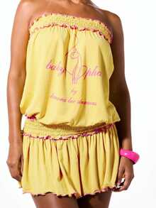 BABYPHAT Bandeau Jersey Mini Dress With Shirring Detail Ruffled Hem And Contrast Pink Trim Summer Festival - Pale Yellow - View 4
