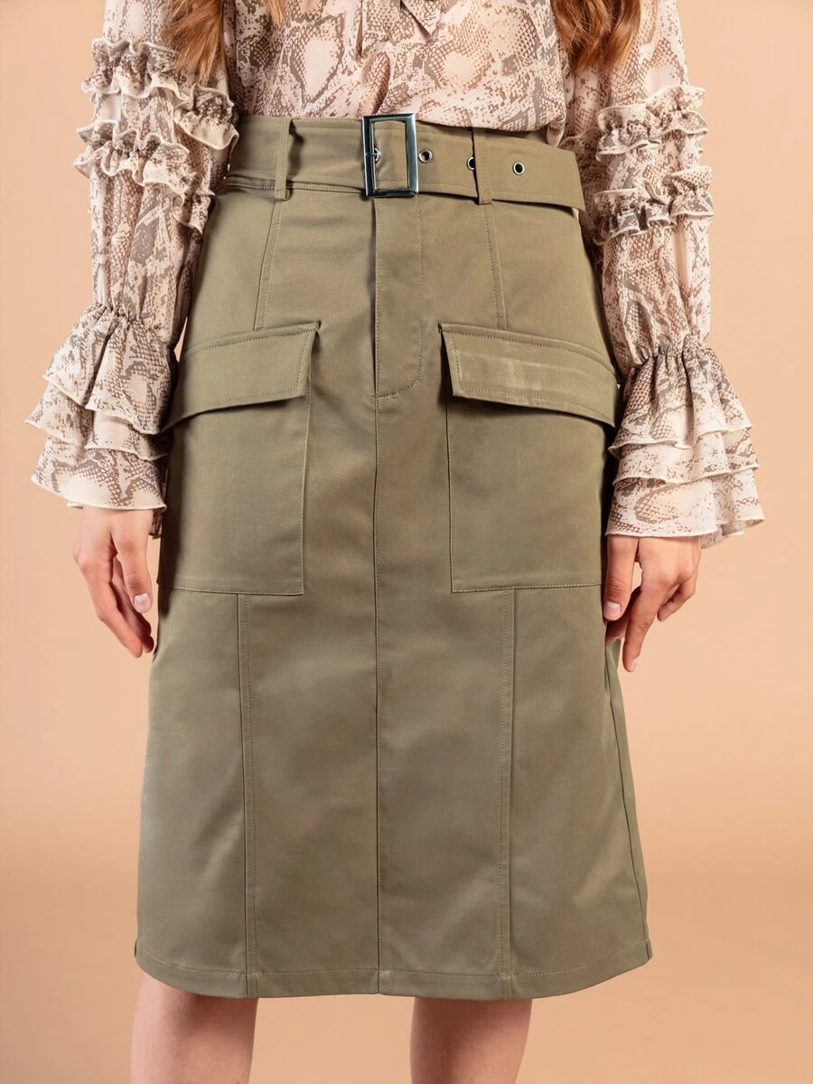Rouah Women's High Waisted Utility Cargo Pocket Pencil Skirt - Summer Skirt, Cargo Skirt, Utility Skirt, High Waisted Skirt, Office Skirt, Office Wear - Brown - View 1