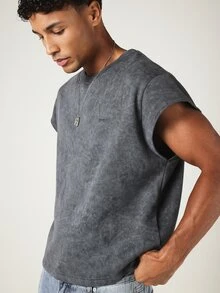 SUMWON Acid Washed Cap Sleeve Tank Top With Crew Neck Boxy Fit Vintage Summer Street Style - Grey - View 5