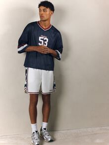 PLAYBOY X SUMWON Boxy Fit Mesh Jersey T-Shirt With Number 53 Print And Varsity Stripe Sleeves - Multicolor - Ver 6