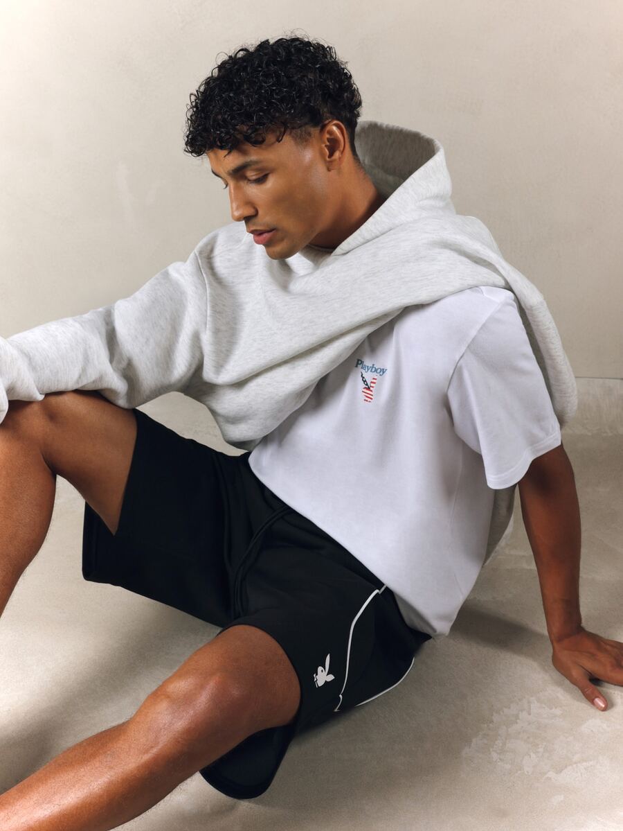 PLAYBOY X SUMWON Bunny Logo Black Casual Piping Jorts With Drawstring Waist Side Pockets Knee Length Summer Shorts - Black - View 1