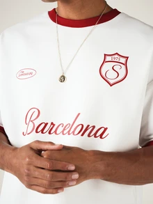 SUMWON Barcelona Graphic Regular Fit Crew Neck Short Sleeve Premium Suede T-Shirt With Contrast Red Ringer Detail - White - View 5
