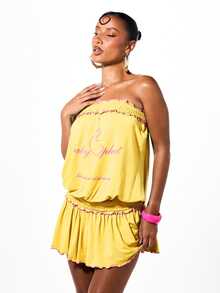 BABYPHAT Bandeau Jersey Mini Dress With Shirring Detail Ruffled Hem And Contrast Pink Trim Summer Festival - Pale Yellow - View 6