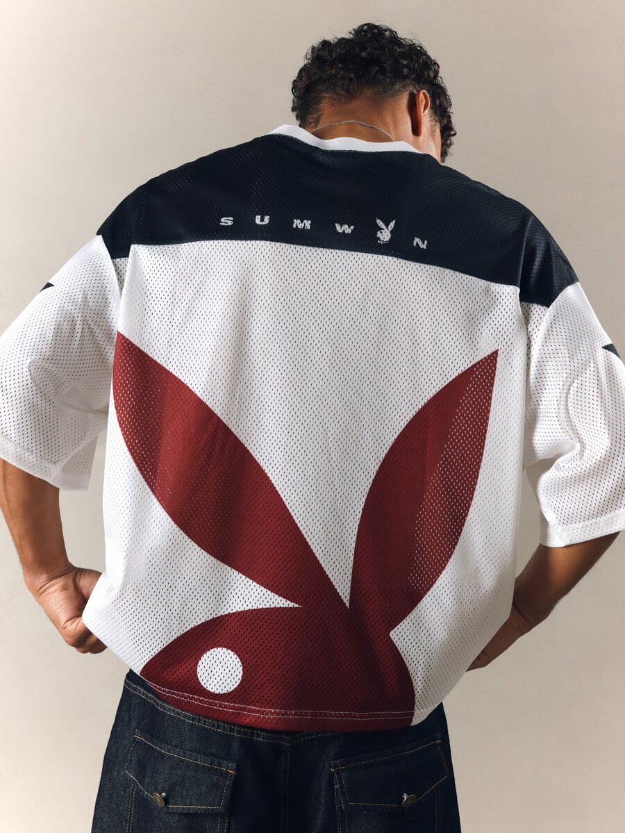 PLAYBOY X SUMWON Collab Boxy Fit Color Block Mesh Jersey T-Shirt With Bunny Logo Back Print - Multicolor - View 1