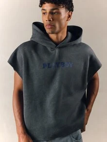 PLAYBOY X SUMWON Sleeveless Hooded Sweatshirt With American Flag Stars Stripes Back Print Washed Boxy Crop Fit Summer Festival Hoodie Vest - Grey - View 2