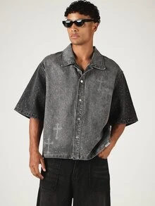 SUMWON Rhinestone Cross Embellished Washed Denim Shirt Oversized Fit Short Sleeve Button-Up Casual Summer Top - Black - View 6