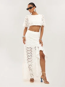 Dancing Leopard White Broderie Cropped Puff Sleeve Ruffle Co-Ord, Boho Tropical Elegant Holiday/Vacation Wear Brunch Summer - White - View 5