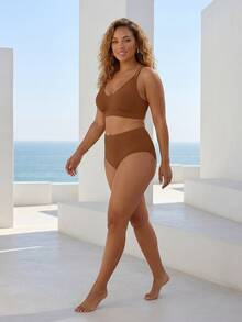 ELLERISSA Conjunto de Bikini Talla Grande Marrón Chocolate Cintura Alta con Espalda de Tiras Cruzadas - Marrón Chocolate - Ver 4
