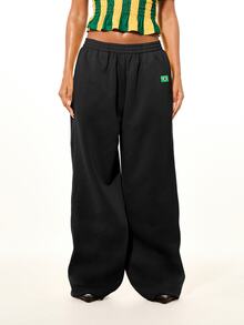 SUMWON WOMEN Loose Wide Leg Jogger Sweatpants With Brazil Applique Patch And Flag Emblem Casual Oversized Pull-On Pants - Black - View 6