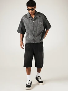 SUMWON Rhinestone Cross Embellished Washed Denim Shirt Oversized Fit Short Sleeve Button-Up Casual Summer Top - Black - View 3