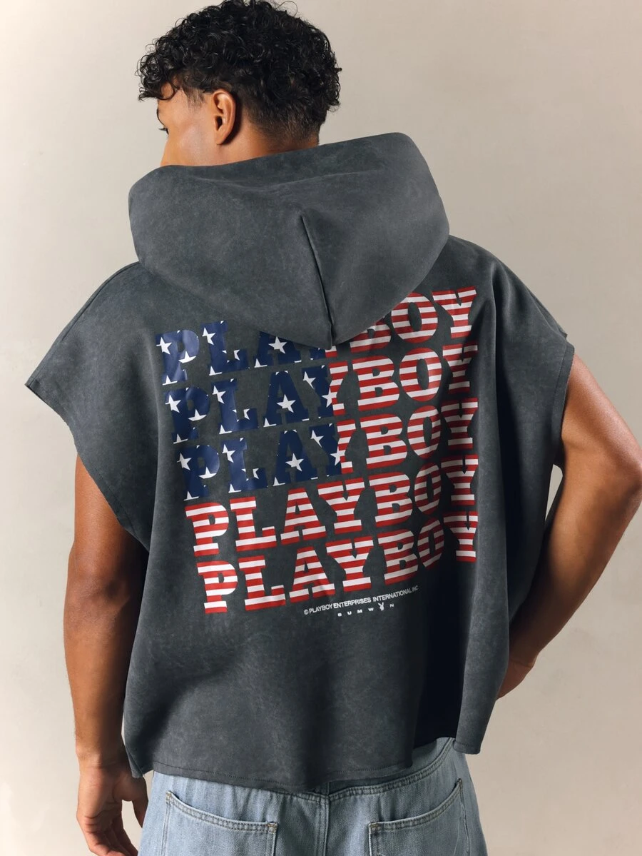 PLAYBOY X SUMWON Sleeveless Hooded Sweatshirt With American Flag Stars Stripes Back Print Washed Boxy Crop Fit Summer Festival Hoodie Vest - Grey - View 1
