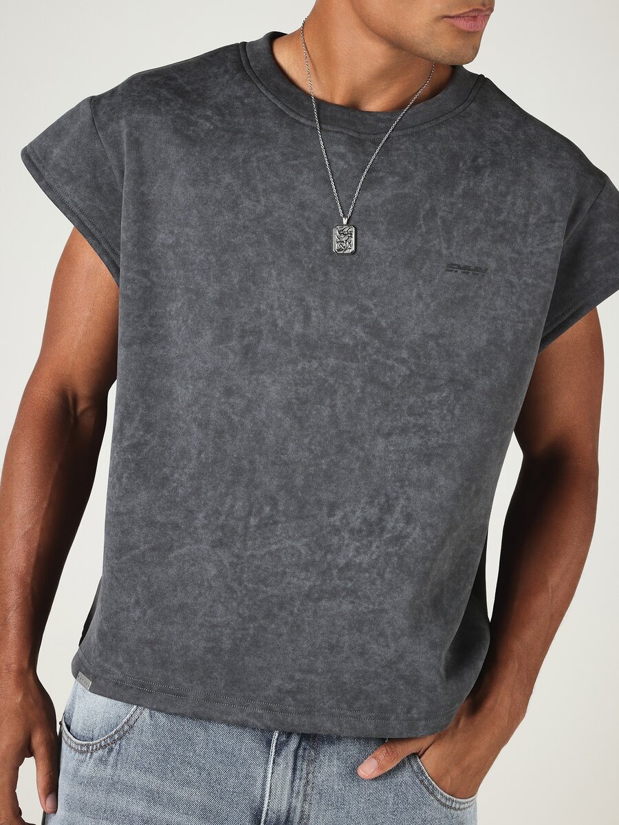 SUMWON Acid Washed Cap Sleeve Tank Top With Crew Neck Boxy Fit Vintage Summer Street Style - Grey - View 1