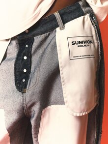 SUMWON Inverted Wide Leg Jeans With Color Block Denim Panels And Button Fly Detail For Casual Everyday Wear - Grey - View 5