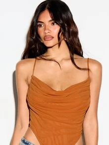 KIZN Body con cuello drapeado, tirantes finos, espalda baja con recorte, detalle fruncido, sin mangas, top de verano - Naranja - Ver 5