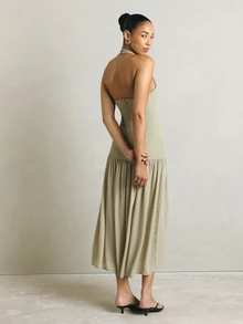 KSTM Halter Neck Drop Waist Maxi Dress With Gathered Skirt Backless Summer Occasion Midi Length Elegant - Green - View 2