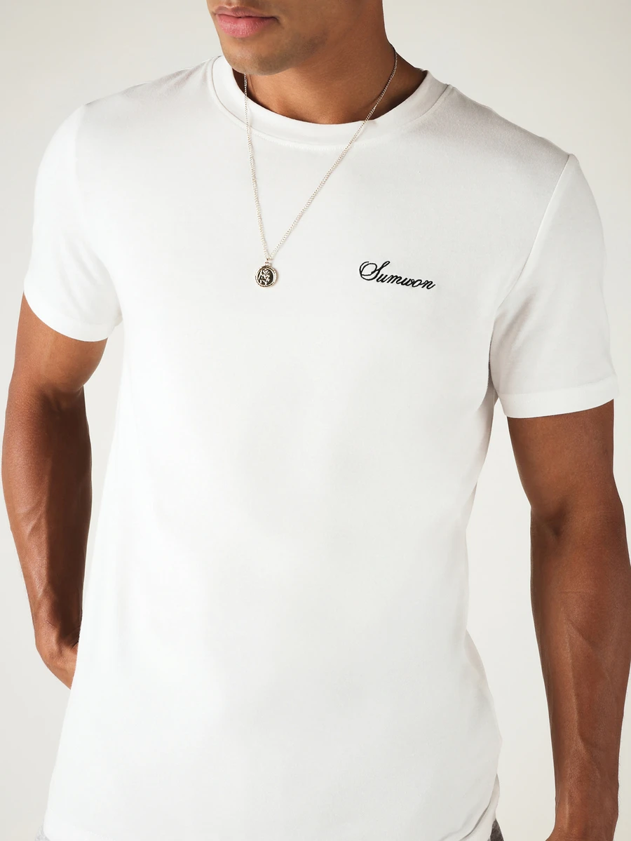 SUMWON Script Logo Slim Fit Crew Neck Short Sleeve Cotton T-Shirt Casual Everyday Essential - White - View 1