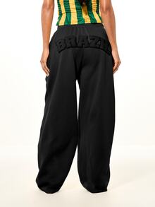 SUMWON WOMEN Loose Wide Leg Jogger Sweatpants With Brazil Applique Patch And Flag Emblem Casual Oversized Pull-On Pants - Black - View 2