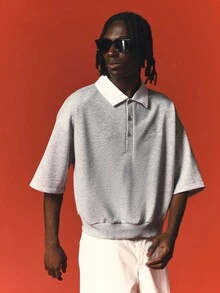 SUMWON Sweatshirt Polo Lengan Pendek Ukuran Besar dengan Kerah Lebar, Kancing Depan, dan Bordir Logo Tulisan, Atasan Kasual Musim Panas - Grey - View 4