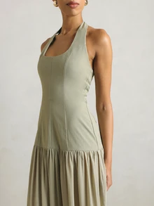 KSTM Halter Neck Drop Waist Maxi Dress With Gathered Skirt Backless Summer Occasion Midi Length Elegant - Green - View 5