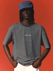 SUMWON Proyek Kaos Crop Boxy Bergaris dengan Logo Bordir, Kerah Bulat, Lengan Pendek, Atasan Kasual Musim Panas - Dusty Blue - View 6