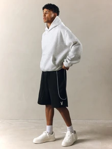PLAYBOY X SUMWON Bunny Logo Black Casual Piping Jorts With Drawstring Waist Side Pockets Knee Length Summer Shorts - Black - View 4