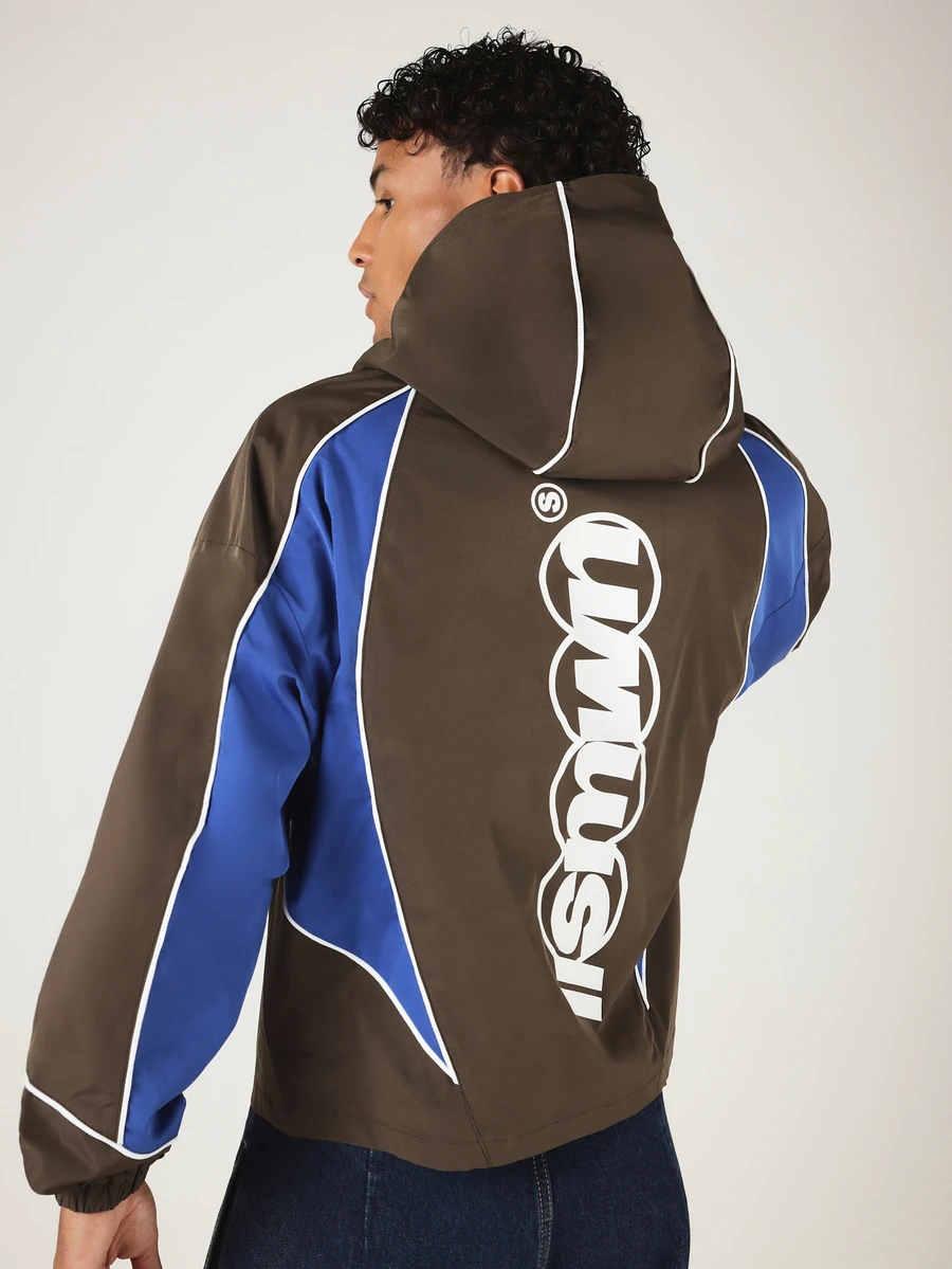 SUMWON Colorblock Hooded Full-Zip Windbreaker Jacket With Contrast Piping And Back Logo Print - Brown - View 1