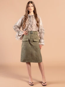 Rouah Women's High Waisted Utility Cargo Pocket Pencil Skirt - Summer Skirt, Cargo Skirt, Utility Skirt, High Waisted Skirt, Office Skirt, Office Wear - Brown - View 3