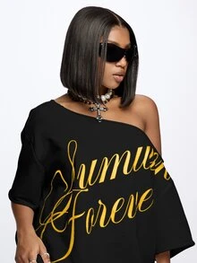 SUMWON WOMEN Off-Shoulder Oversized Sweater Mini Dress With Gold Script Graphic Print Summer Forever Casual Chic Style - Black - View 3