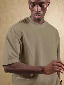 SUMWON Kaos Lengan Pendek Regular Fit Bertekstur dengan Bordir Tulisan Khas, Atasan Kasual Musim Panas untuk Sehari-hari dengan Kerah Bulat - Khaki - View 4