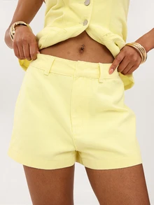Dancing Leopard Yellow Denim Shorts, Holiday/Vacation Wear - Yellow - View 3