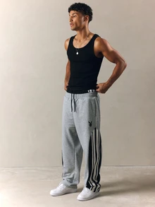 PLAYBOY X SUMWON Bunny Logo Wide Leg Track Pants With Side Stripe Detail Drawstring Waist Relaxed Fit Full Length Bottoms - Grey - View 3