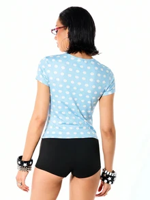 SUMWON WOMEN Studios Est 2023 Polka Dot Slim Fit Tee Short Sleeve Crew Neck Fitted Graphic T-Shirt - Baby Blue - View 2