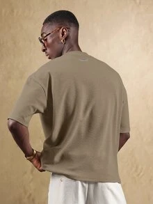 SUMWON Kaos Lengan Pendek Regular Fit Bertekstur dengan Bordir Tulisan Khas, Atasan Kasual Musim Panas untuk Sehari-hari dengan Kerah Bulat - Khaki - View 2