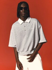 SUMWON Sweatshirt Polo Lengan Pendek Ukuran Besar dengan Kerah Lebar, Kancing Depan, dan Bordir Logo Tulisan, Atasan Kasual Musim Panas - Grey - View 6