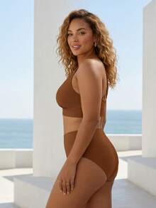 ELLERISSA Conjunto de Bikini Talla Grande Marrón Chocolate Cintura Alta con Espalda de Tiras Cruzadas - Marrón Chocolate - Ver 3