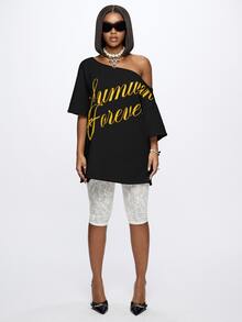SUMWON WOMEN Off-Shoulder Oversized Sweater Mini Dress With Gold Script Graphic Print Summer Forever Casual Chic Style - Black - View 6