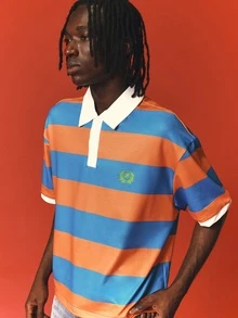 SUMWON 條紋翻領短袖 Polo 衫，盾牌刺繡，夏季休閒上衣 - 彩色 - 查看 4