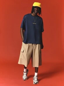 SUMWON Studios Boxy Fit Printed Crew Neck Short Sleeve Tee With Script Logo Back Graphic - Navy Blue - View 3