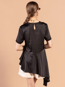 Rouah Women's Solid Color Asymmetric Waist Seam Draped Hem Round Neck Short Sleeve Satin Top - Summer, Black, Boho Casual Elegant, Party Brunch, Smart Top - Black - View 2