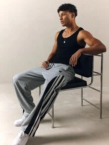 PLAYBOY X SUMWON Bunny Logo Wide Leg Track Pants With Side Stripe Detail Drawstring Waist Relaxed Fit Full Length Bottoms - Grey - View 7