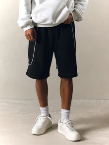 PLAYBOY X SUMWON Bunny Logo Black Casual Piping Jorts With Drawstring Waist Side Pockets Knee Length Summer Shorts - Black - View 5