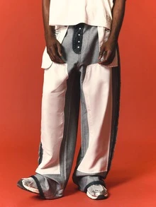 SUMWON Inverted Wide Leg Jeans With Color Block Denim Panels And Button Fly Detail For Casual Everyday Wear - Grey - View 1