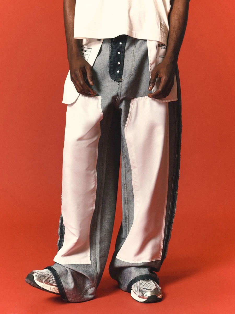 SUMWON Inverted Wide Leg Jeans With Color Block Denim Panels And Button Fly Detail For Casual Everyday Wear - Grey - View 1