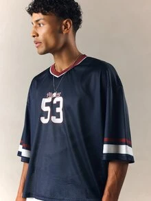 PLAYBOY X SUMWON Boxy Fit Mesh Jersey T-Shirt With Number 53 Print And Varsity Stripe Sleeves - Multicolor - Ver 4