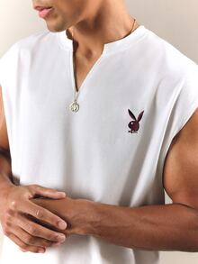 PLAYBOY X SUMWON Bunny Embroidered Sleeveless Muscle Tee Henley Neck Boxy Crop Top Summer Casual Streetwear Vest - White - View 5