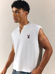 PLAYBOY X SUMWON Bunny Embroidered Sleeveless Muscle Tee Henley Neck Boxy Crop Top Summer Casual Streetwear Vest - White - View 4
