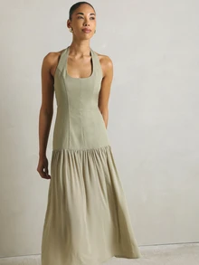 KSTM Halter Neck Drop Waist Maxi Dress With Gathered Skirt Backless Summer Occasion Midi Length Elegant - Green - View 1