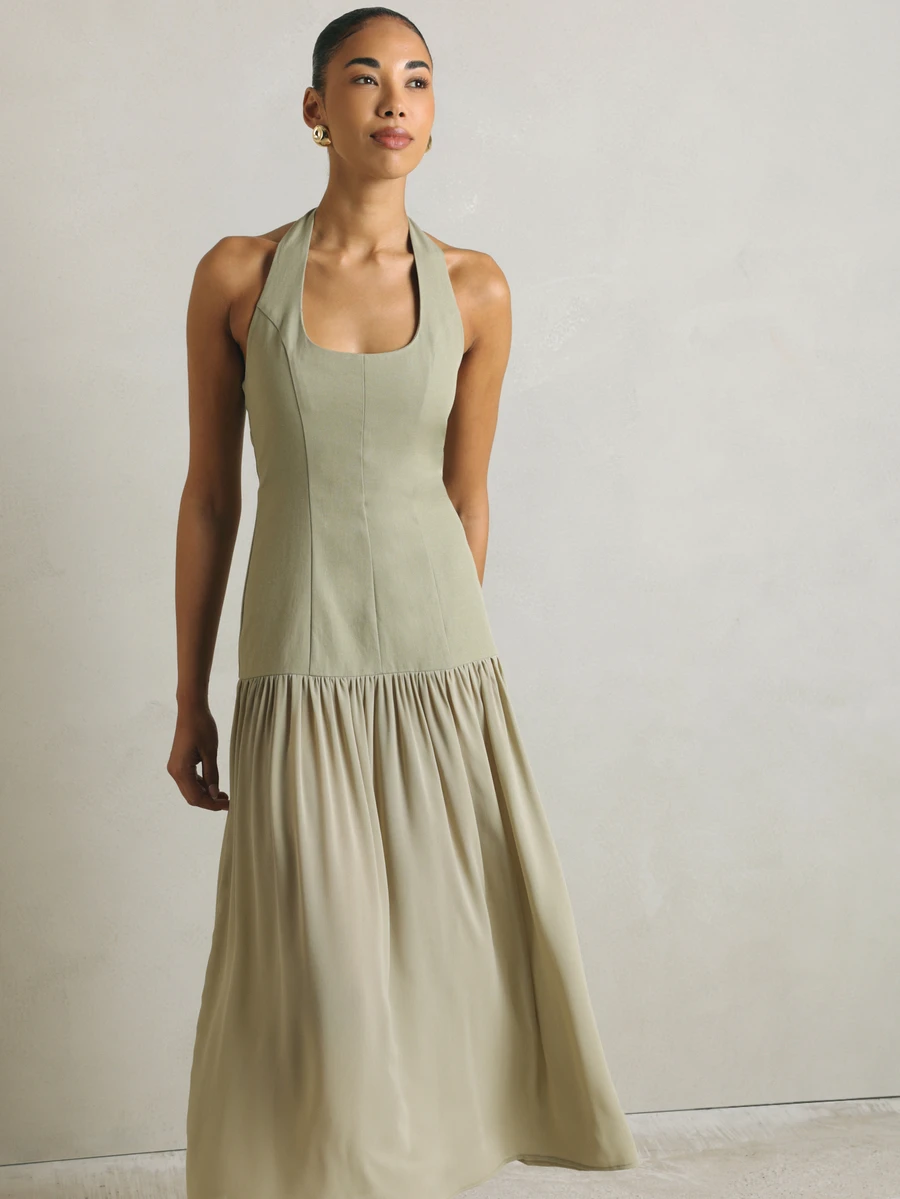 KSTM Halter Neck Drop Waist Maxi Dress With Gathered Skirt Backless Summer Occasion Midi Length Elegant - Green - View 1