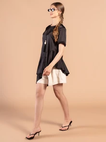 Rouah Women's Solid Color Asymmetric Waist Seam Draped Hem Round Neck Short Sleeve Satin Top - Summer, Black, Boho Casual Elegant, Party Brunch, Smart Top - Black - View 6