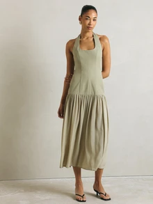 KSTM Halter Neck Drop Waist Maxi Dress With Gathered Skirt Backless Summer Occasion Midi Length Elegant - Green - View 3